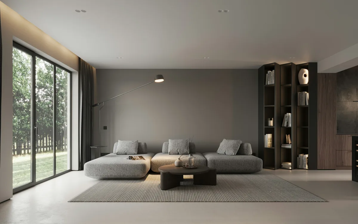 Innenarchitektonisch gestalteter Wohnraum mit ruhigem Materialkonzept