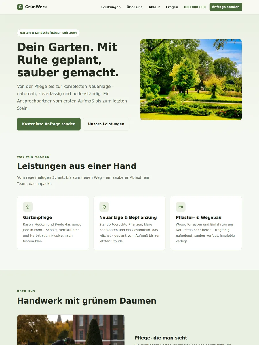 Startseiten-Vorschau: Garten & Landschaftsbau-Onepager
